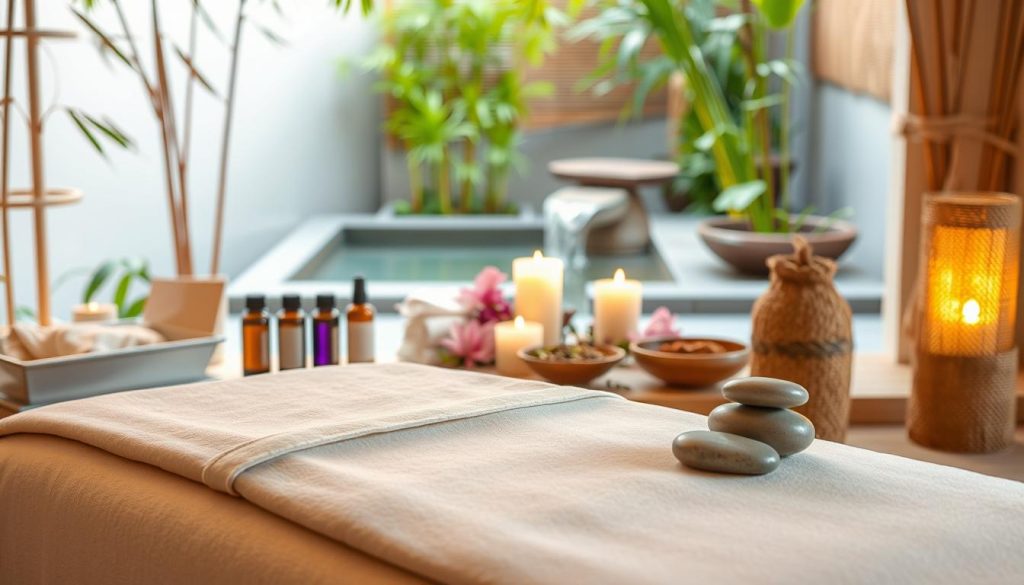 A serene spa environment showcasing popular massage techniques and spa rituals. In the foreground, a beautifully arranged massage table draped with soft, neutral-colored linens, surrounded by various essential oils and natural stones. In the middle, a tranquil setting with a softly glowing candle, fresh flowers, and a bowl of aromatic herbs, creating a sense of calm. The background features a softly lit room with bamboo accents, gentle greenery, and a serene water feature trickling in the distance. The lighting is warm and inviting, creating a peaceful atmosphere. The overall mood is relaxing and rejuvenating, ideal for representing services and therapies offered in a spa context. No humans are present in the image. A serene spa environment showcasing popular massage techniques and spa rituals. In the foreground, a beautifully arranged massage table draped with soft, neutral-colored linens, surrounded by various essential oils and natural stones. In the middle, a tranquil setting with a softly glowing candle, fresh flowers, and a bowl of aromatic herbs, creating a sense of calm. The background features a softly lit room with bamboo accents, gentle greenery, and a serene water feature trickling in the distance. The lighting is warm and inviting, creating a peaceful atmosphere. The overall mood is relaxing and rejuvenating, ideal for representing services and therapies offered in a spa context. No humans are present in the image.