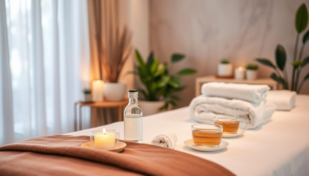 A serene spa setting depicting a stylish, modern recovery area after a massage. In the foreground, a neatly arranged massage table with soft linens and aromatherapy oils, symbolizing relaxation. In the middle ground, a gentle arrangement of cooling towels, a water bottle, and herbal tea cups, showcasing post-massage hydration and care. In the background, calming decor with indoor plants, soothing colors, and soft lighting that emanates a warm glow, creating a peaceful atmosphere. The image should capture a tranquil mood, invoking feelings of rest and rejuvenation, with a focus on wellness and self-care practices. The scene should be well-lit, with a slight focus on the foreground items, blurring the background subtly to enhance depth. A serene spa setting depicting a stylish, modern recovery area after a massage. In the foreground, a neatly arranged massage table with soft linens and aromatherapy oils, symbolizing relaxation. In the middle ground, a gentle arrangement of cooling towels, a water bottle, and herbal tea cups, showcasing post-massage hydration and care. In the background, calming decor with indoor plants, soothing colors, and soft lighting that emanates a warm glow, creating a peaceful atmosphere. The image should capture a tranquil mood, invoking feelings of rest and rejuvenation, with a focus on wellness and self-care practices. The scene should be well-lit, with a slight focus on the foreground items, blurring the background subtly to enhance depth.