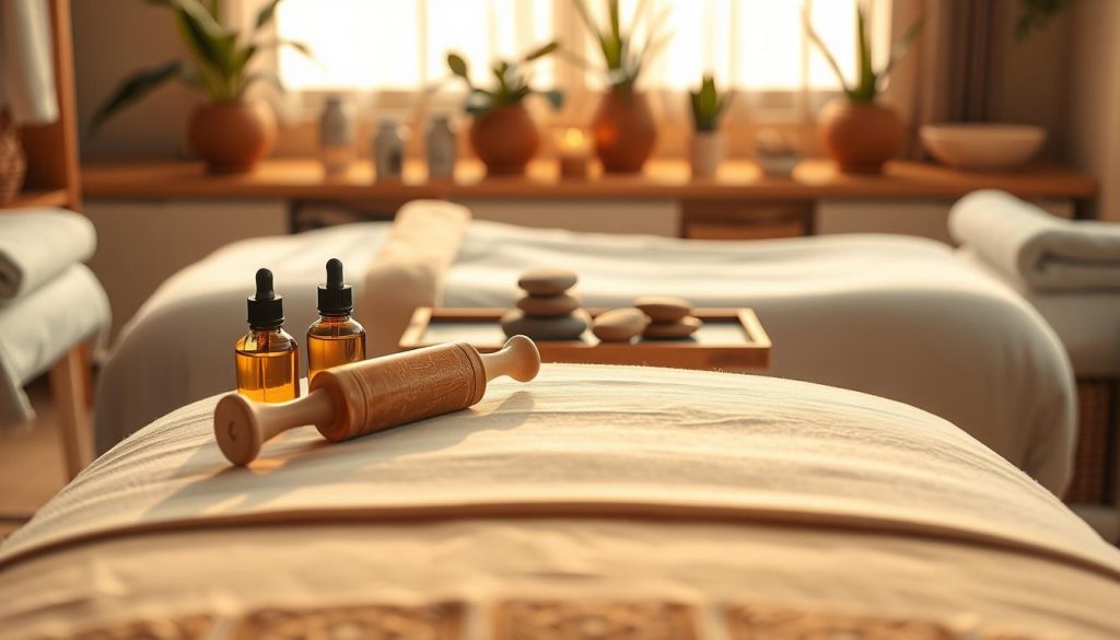 A serene spa setting designed to illustrate practical massage tips. In the foreground, a beautifully arranged massage table with plush linens and neatly placed aromatherapy oils, glistening gently under soft, warm lighting. In the middle, a set of massage tools, such as a wooden massage roller and smooth stones, are artfully displayed on a natural bamboo tray. The background features calming decor, including potted plants and soft fabrics, creating a tranquil atmosphere. The overall scene is bathed in diffused golden light, evoking a sense of relaxation and peacefulness, perfect for conveying a successful and comforting massage experience.