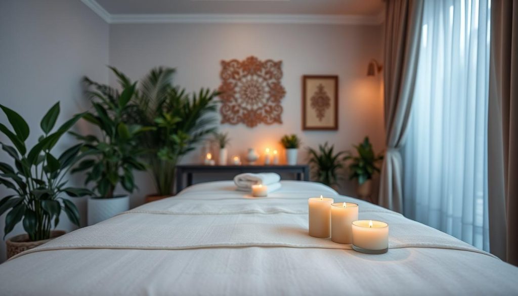 A serene spa setting in Istanbul featuring a luxurious massage room. In the foreground, a beautifully made massage table is adorned with soft white linens and aromatic candles. The middle layer showcases an elegantly decorated space with lush indoor plants and gentle ambient lighting, providing a warm, inviting atmosphere. In the background, soft, muted colors of Turkish decor, such as intricate patterns and delicate wall art, enhance the calming vibe. Natural light filters through sheer curtains, casting a soft glow throughout the room. The overall mood is tranquil and soothing, evoking a sense of relaxation and comfort, perfect for discovering private and spa massage services in Istanbul.