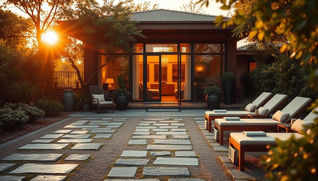 A serene spa visit planning scene showcasing an inviting spa facility surrounded by lush greenery and tranquil pathways. In the foreground, a well-organized outdoor area features decorative stone walkways leading towards a modern, elegant spa entrance made of glass and warm wood, emphasizing accessibility. The middle ground includes inviting lounge chairs with plush cushions and elegant potted plants, enhancing the atmosphere of relaxation. The background reflects a soothing sunset casting golden light, illuminating the spa’s exterior and creating a calming ambiance. Incorporate soft shadows and a shallow depth of field to focus on the spa’s entrance, while the surroundings gently fade into a blur, evoking feelings of peace and anticipation for a rejuvenating visit.