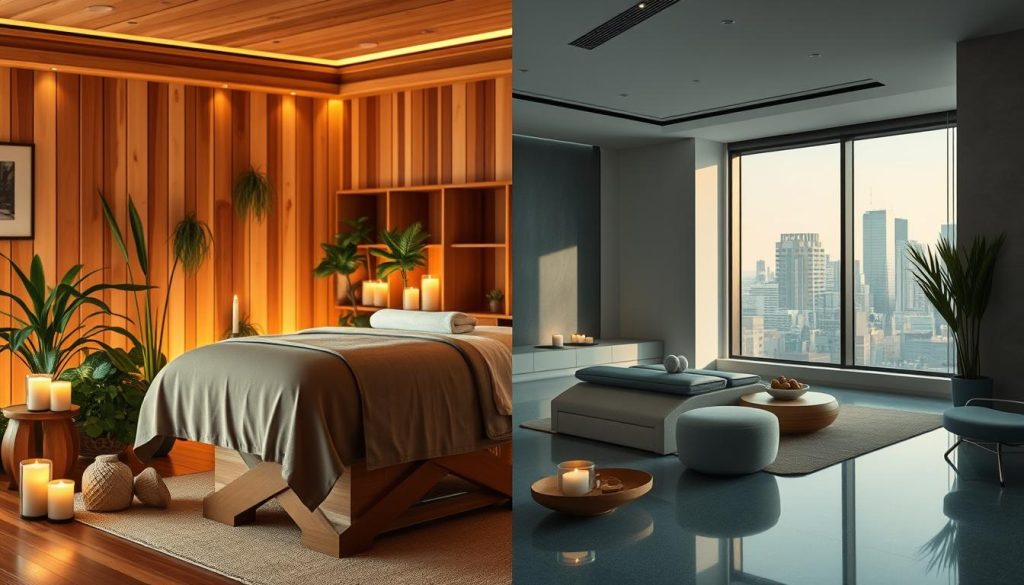 A serene split-image composition depicting two contrasting environments for massage therapy. On the left, a cozy freelance massage therapy setting featuring natural wooden decor, ambient lighting, soft green plants, and a massage table dressed in earthy linens. A warm, inviting atmosphere evokes relaxation, with the soft glow of candles casting gentle shadows. On the right, a sleek corporate spa interior with modern design elements: minimalist furniture, large windows showcasing a city view, and soothing blue-green tones. The space is bright with natural light, and the ambiance is tranquil yet professional. Both sides should seamlessly blend in the center, creating a visual comparison of the personalized, intimate feel of freelance therapy versus the polished, upscale ambiance of a corporate spa.
