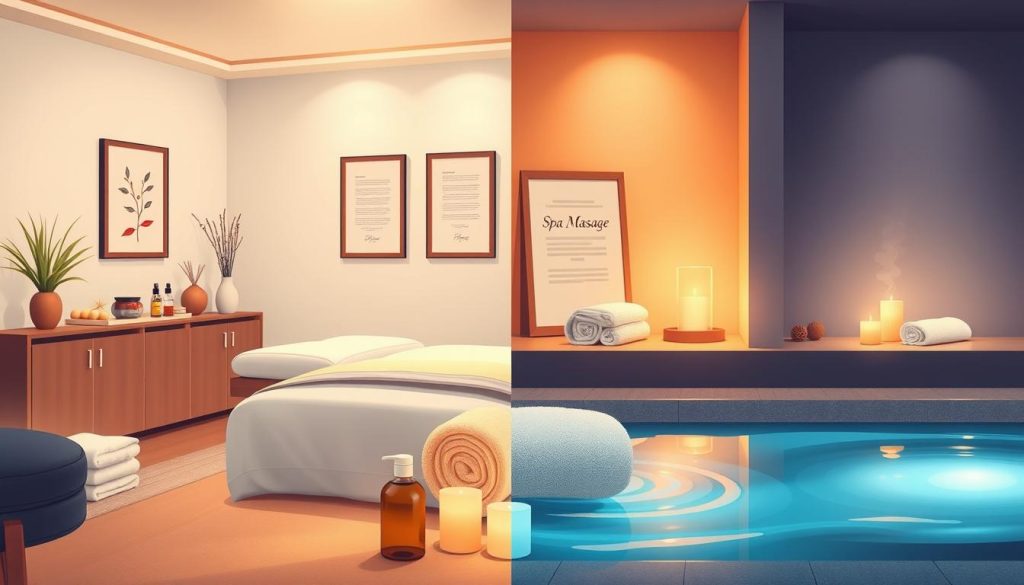 A serene, split-scene illustration contrasting massage therapy and spa massage. In the foreground, a cozy, therapist's massage room featuring a massage table, essential oils, and calming decor, with soft, warm lighting enhancing the atmosphere. On the opposite side, a luxurious spa environment with plush towels, aromatic candles, and a tranquil water feature, bathed in cool, soothing light. In the middle ground, subtle indicators, like framed certificates for massage therapy versus spa brochures, highlight the professional distinction between the two practices. The overall mood should evoke relaxation and professionalism, carefully balancing the intimate feel of a massage therapy setting with the indulgent ambiance of a spa.