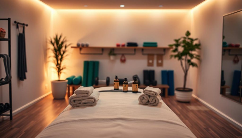 A serene, well-lit massage therapy room designed for athletes. In the foreground, a massage table is neatly set up, adorned with fresh towels and aromatherapy oils, conveying a sense of professionalism. The middle layer features an array of sports equipment, like dumbbells and yoga mats, creating an inviting atmosphere for post-workout recovery. In the background, soft ambient lighting casts a warm glow, enhancing the calmness of the space, while a potted plant adds a touch of nature, emphasizing healing. The angle is slightly elevated, allowing a comprehensive view of the setup, with shadows gently softly illuminating the room. The overall mood is tranquil and restorative, ideal for athletes seeking advice on effective massage techniques.