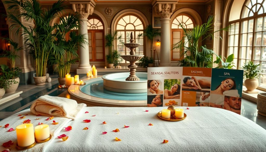 A tranquil Istanbul spa scene showcasing seasonal offers. In the foreground, a beautifully arranged massage table adorned with soft, cream-colored linens and plush towels, scattered flower petals, and aromatic candles emitting a soft glow. In the middle, an elegant spa setting featuring a serene water fountain, lush greenery, and bamboo accents. Various spa brochure displays highlight the seasonal treatments available, with enticing visuals of massages and facials. The background reveals ornate architecture typical of a classic Istanbul bathhouse, softly illuminated by warm, natural light filtering through large windows. The atmosphere is calm and inviting, evoking relaxation and rejuvenation, with rich colors of turquoise and earth tones enhancing the overall feel of comfort and luxury.