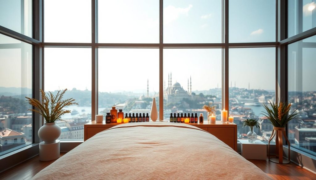 A tranquil interior of a modern massage therapy clinic in Istanbul, showcasing a serene atmosphere that emphasizes relaxation and healing. In the foreground, a luxurious massage table adorned with soft, neutral-toned linens invites peace. The middle ground features soothing elements like a well-organized array of essential oils, aromatherapy diffusers, and gentle candles casting a warm glow. In the background, large windows reveal a picturesque view of Istanbul's skyline, blending historic architecture with modern structures under soft, natural daylight. The overall mood is calm and rejuvenating, evoking a sense of comfort and professionalism associated with expert medical massage therapy.