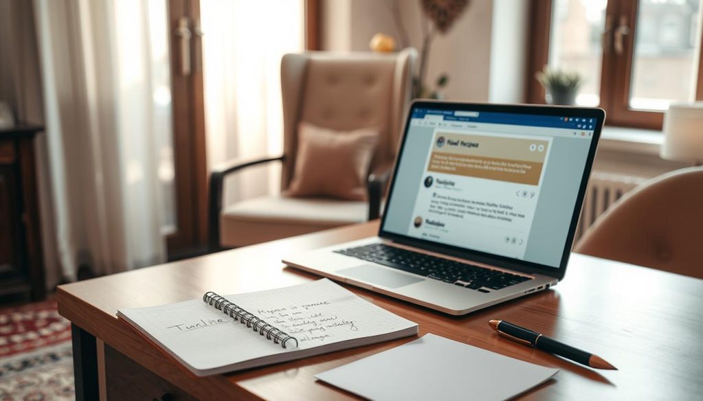 A tranquil, inviting workspace featuring a serene atmosphere, with soft natural lighting filtering through a window. In the foreground, a well-organized desk holds a laptop open to a webpage displaying various online reviews for massage services in Turkey. A notepad with written notes and a pen is beside the laptop, emphasizing the research process. The middle layer includes a comfortable chair positioned next to the desk, suggesting a place for contemplation. In the background, subtle elements of Turkish decor, like intricate patterns and soft textiles, create a culturally rich ambiance. The mood is calm and focused, encouraging viewers to reflect on the importance of thorough research before booking a service.
