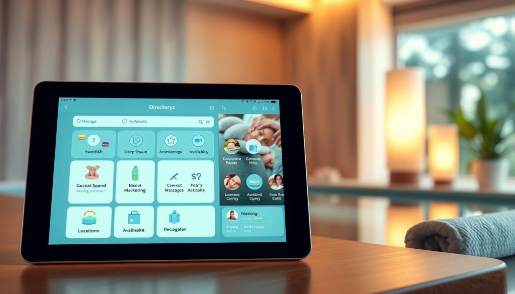 A vibrant and inviting digital directory interface showcasing massage services. In the foreground, a sleek tablet displays an organized layout with various massage options, icons representing modalities like Swedish, deep tissue, and aromatherapy. The middle area features icons for locations, availability, and pricing, all designed with soothing colors like soft blues and greens. The background includes an elegant spa setting with subtle lighting, evoking a relaxing atmosphere, perhaps hinting at a tranquil water feature and lush plants. The overall mood should be serene and professional, emphasizing ease of navigation while selecting the perfect massage service. The lighting is warm and inviting, creating a sense of calmness and comfort, with a focus on clarity and accessibility in the design.