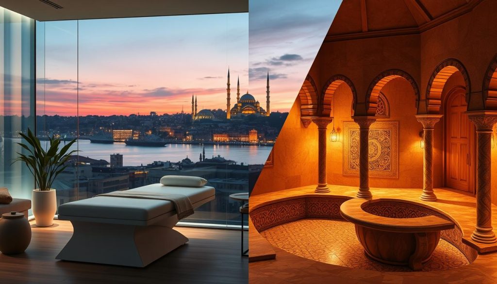 A vibrant, contrasting scene illustrating modern versus traditional massage techniques in Istanbul. In the foreground, a sleek, contemporary massage room featuring modern, ergonomic furniture, soft ambient lighting, and soothing colors creates a relaxing atmosphere. In contrast, the middle ground showcases a traditional Turkish hammam, adorned with intricate mosaics and warm, golden light filtering through marble architecture, evoking a sense of history. In the background, a skyline of Istanbul emerges at dusk, with silhouettes of historic mosques and modern buildings harmoniously coexisting. The overall mood is serene yet dynamic, capturing the essence of both eras in massage practices. Emphasize soft, diffused lighting to create a peaceful ambiance, highlighting the textures and details of the environments.