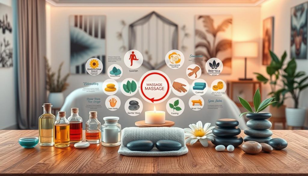A visually engaging illustration for an article on massage therapy misconceptions, featuring a split scene. In the foreground, clear and detailed depictions of diverse massage tools such as oils, stones, and therapy chairs, carefully arranged on a wooden table. In the middle, infographics or symbolic representations of various massage techniques—like Swedish, deep tissue, and sports massage—depicted with vibrant colors and distinct styles, each surrounded by diverse calming elements such as candles and plants. The background showcases a peaceful therapy room with soft lighting, warm hues, and soothing murals that enhance a therapeutic atmosphere. The overall mood is informative yet calming, focusing on clarity and understanding in the realm of massage therapy. The image should be striking, visually balanced, and professional, with no human figures or text elements included. A visually engaging illustration for an article on massage therapy misconceptions, featuring a split scene. In the foreground, clear and detailed depictions of diverse massage tools such as oils, stones, and therapy chairs, carefully arranged on a wooden table. In the middle, infographics or symbolic representations of various massage techniques—like Swedish, deep tissue, and sports massage—depicted with vibrant colors and distinct styles, each surrounded by diverse calming elements such as candles and plants. The background showcases a peaceful therapy room with soft lighting, warm hues, and soothing murals that enhance a therapeutic atmosphere. The overall mood is informative yet calming, focusing on clarity and understanding in the realm of massage therapy. The image should be striking, visually balanced, and professional, with no human figures or text elements included.