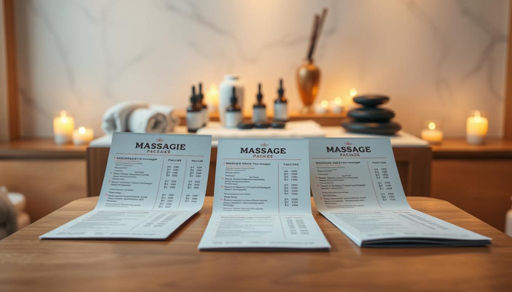 A visually striking composition of a professional massage price package display set in a serene spa environment. Foreground features an elegant wooden table with neatly arranged brochures showcasing various massage packages, including a range of prices and descriptions, all set against a soft, blurred background of calming spa decor. In the middle ground, an array of essential oils and massage stones subtly hints at the luxurious experience. Soft, warm lighting casts a tranquil glow, enhancing the atmosphere of relaxation and professionalism. The angle is slightly elevated, providing a comprehensive view of the packages while retaining a sense of intimacy associated with high-end spa services. The overall mood should convey both sophistication and caution, suggesting a discerning choice for potential clients.
