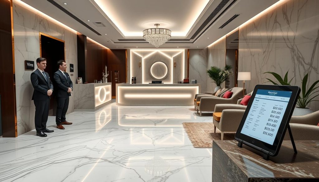 A wide shot of a high-end massage reception area in Istanbul with marble floors, professional staff in uniforms, and clear pricing displayed on a tablet.