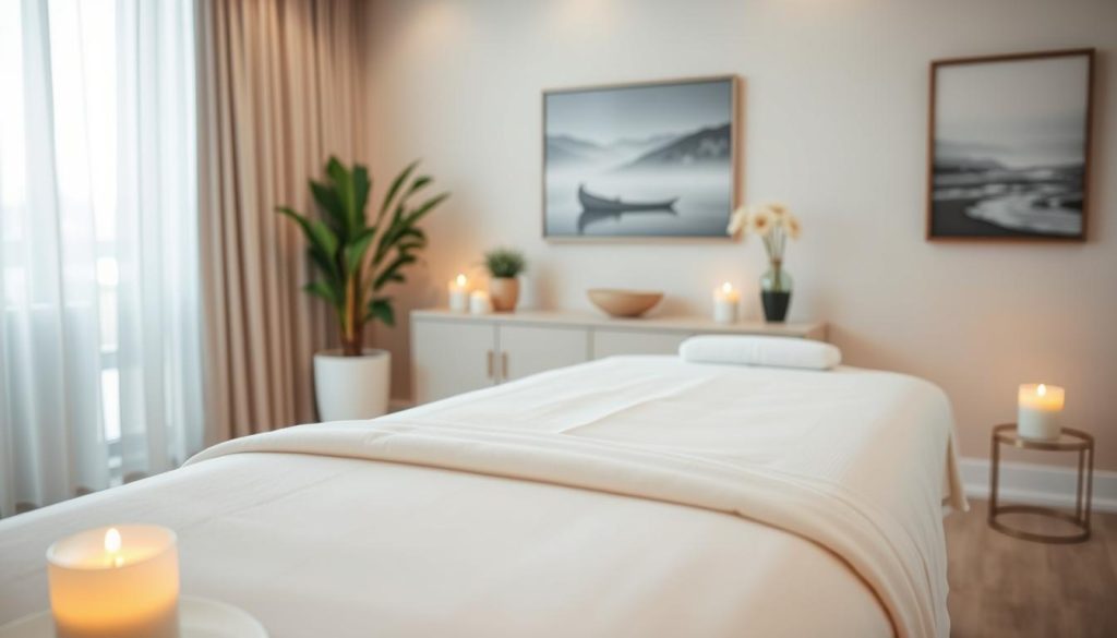 An elegant and inviting massage therapy room in Istanbul, showcasing a professional and tranquil atmosphere. In the foreground, a neatly arranged massage table with soft, clean linens, surrounded by soothing aromatherapy candles that emit a warm light. The middle ground features calming decor, such as a small indoor plant and tasteful artwork depicting serene landscapes. The background reveals a large window with sheer curtains, allowing gentle natural light to filter in, adding to the serene ambiance. The overall color palette is soft and muted, emphasizing relaxation and professionalism. The scene captures the essence of choosing the right massage therapist, evoking feelings of peace and comfort. The mood is serene and nurturing, ideal for a wellness-focused space. An elegant and inviting massage therapy room in Istanbul, showcasing a professional and tranquil atmosphere. In the foreground, a neatly arranged massage table with soft, clean linens, surrounded by soothing aromatherapy candles that emit a warm light. The middle ground features calming decor, such as a small indoor plant and tasteful artwork depicting serene landscapes. The background reveals a large window with sheer curtains, allowing gentle natural light to filter in, adding to the serene ambiance. The overall color palette is soft and muted, emphasizing relaxation and professionalism. The scene captures the essence of choosing the right massage therapist, evoking feelings of peace and comfort. The mood is serene and nurturing, ideal for a wellness-focused space.