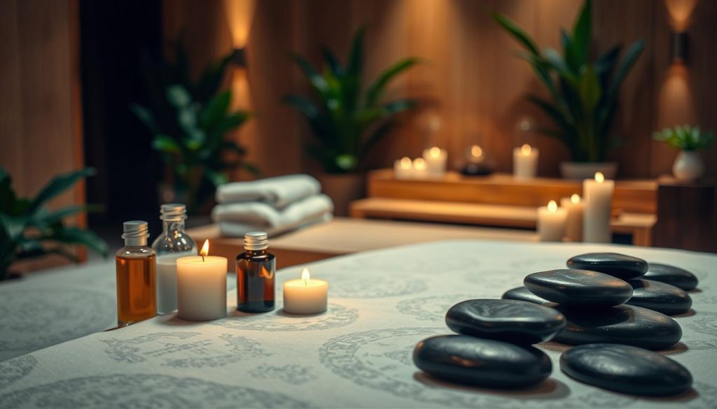 An inviting spa setting focused on hot stone and aromatherapy massage. In the foreground, a neatly arranged massage table adorned with smooth, polished hot stones placed strategically alongside scented candles emitting a soft glow. Essential oils in elegant bottles are partially visible, hinting at a calming atmosphere. In the middle ground, a tranquility-filled room features warm wooden tones, soft towels, and lush greenery, creating a serene environment. The background showcases dimmed lighting, enhancing the peaceful ambiance while soft shadows play against the walls. The overall mood is soothing and relaxing, perfect for unwinding, with a gentle focus on the elements of wellness and tranquility.