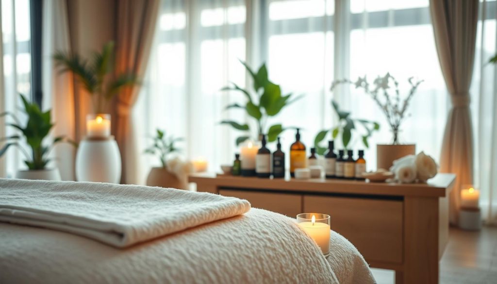 Serene home spa environment, featuring a peaceful indoor setting with soft, ambient lighting creating a warm glow. In the foreground, a plush massage table draped with a pristine white towel and surrounded by aromatic candles. The middle ground showcases a gracefully arranged array of essential oils and spa products, with fresh flowers adding a touch of nature. The background features a calming scene of soft, flowing curtains and indoor plants, enhancing the tranquil atmosphere. The color palette includes soft greens, earthy browns, and calming blues, evoking a sense of relaxation. The image captures the soothing essence of a home spa experience, emphasizing comfort and serenity, with an inviting, peaceful mood.