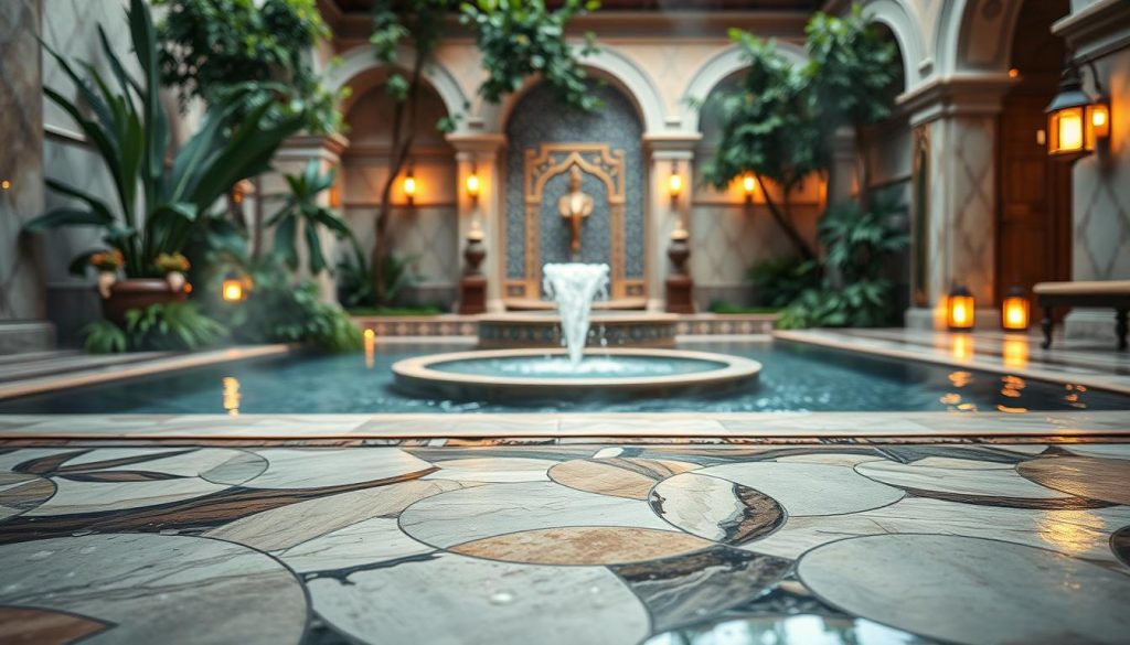 A serene Turkish bath scene, focusing on the essence of rejuvenation. In the foreground, intricately designed marble and tiles glisten with droplets of steam, inviting viewers into the experience. The middle ground features a luxurious bathing area with ornate, mosaic-tiled fountains gently flowing with water, surrounded by lush greenery for a touch of nature. In the background, softly glowing lanterns cast warm, diffused light, enhancing the tranquil atmosphere. The composition should capture a sense of calm and pampering, with soothing colors like soft blues and earthy tones, evoking a dreamlike quality. The angle should be slightly elevated to showcase both the ornate architecture and the bath itself while maintaining a peaceful ambiance that reflects the traditional Turkish bathing rituals. A serene Turkish bath scene, focusing on the essence of rejuvenation. In the foreground, intricately designed marble and tiles glisten with droplets of steam, inviting viewers into the experience. The middle ground features a luxurious bathing area with ornate, mosaic-tiled fountains gently flowing with water, surrounded by lush greenery for a touch of nature. In the background, softly glowing lanterns cast warm, diffused light, enhancing the tranquil atmosphere. The composition should capture a sense of calm and pampering, with soothing colors like soft blues and earthy tones, evoking a dreamlike quality. The angle should be slightly elevated to showcase both the ornate architecture and the bath itself while maintaining a peaceful ambiance that reflects the traditional Turkish bathing rituals.