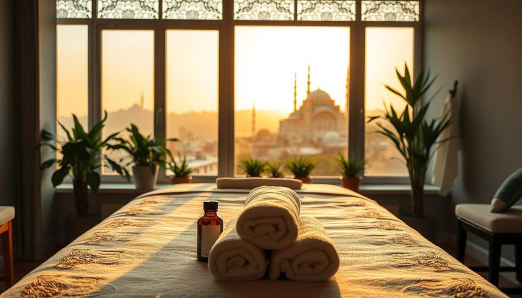 A serene and inviting massage therapy room in Istanbul, featuring traditional Turkish decor elements such as intricate tile patterns, soft ambient lighting, and plush furnishings. In the foreground, a massage table is adorned with clean, rolled towels and calming aromatherapy oils, creating an atmosphere of relaxation and luxury. In the middle background, a warm-toned window showcases glimpses of Istanbul’s historic skyline, including the silhouette of the Hagia Sophia, illuminated by a golden sunset. Soft shadows play across the room, enhancing the peaceful mood. Natural elements like potted plants enhance the sense of tranquility. The overall atmosphere is calm and welcoming, reflecting the insider tips for an enriching massage experience in the heart of Istanbul.