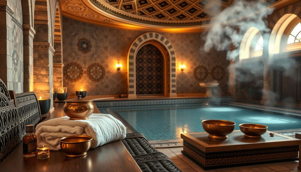 A serene and inviting scene depicting the preparation for a Turkish hammam. In the foreground, an ornate wooden bench is adorned with fluffy white towels, traditional copper bowls, and fragrant herbal oils arranged neatly. In the middle ground, a beautifully tiled room showcases intricate geometric patterns, soft steam rising from a heated pool, with warm, golden light illuminating the space. The background features arched stone walls and an intricately designed ceiling that enhances the tranquil atmosphere. Soft reflections play across the water surface, creating a peaceful ambiance. The overall mood exudes relaxation and wellness, perfect for a spa day.