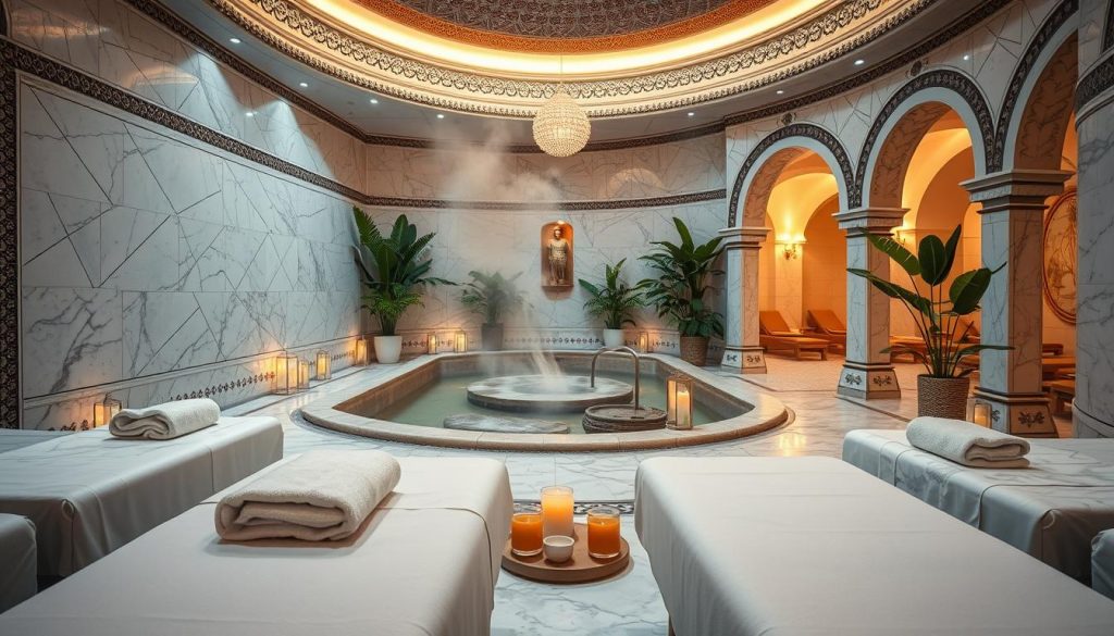 A serene and inviting scene of a traditional Turkish spa in Istanbul, showcasing a beautiful marble interior adorned with intricate mosaics and soft ambient lighting. In the foreground, elegantly arranged spa treatment tables with fresh towels and calming herbal teas create an atmosphere of relaxation. The middle ground features a classic Turkish hamam, with steam rising gently from hot stone surfaces, surrounded by ambient lanterns casting a warm glow. In the background, lush indoor plants and inviting archways lead to tranquil rest areas, enhancing the sense of escape. The overall mood is tranquil and rejuvenating, capturing the essence of a traditional spa experience in Istanbul, with a focus on relaxation and well-being. A serene and inviting scene of a traditional Turkish spa in Istanbul, showcasing a beautiful marble interior adorned with intricate mosaics and soft ambient lighting. In the foreground, elegantly arranged spa treatment tables with fresh towels and calming herbal teas create an atmosphere of relaxation. The middle ground features a classic Turkish hamam, with steam rising gently from hot stone surfaces, surrounded by ambient lanterns casting a warm glow. In the background, lush indoor plants and inviting archways lead to tranquil rest areas, enhancing the sense of escape. The overall mood is tranquil and rejuvenating, capturing the essence of a traditional spa experience in Istanbul, with a focus on relaxation and well-being.