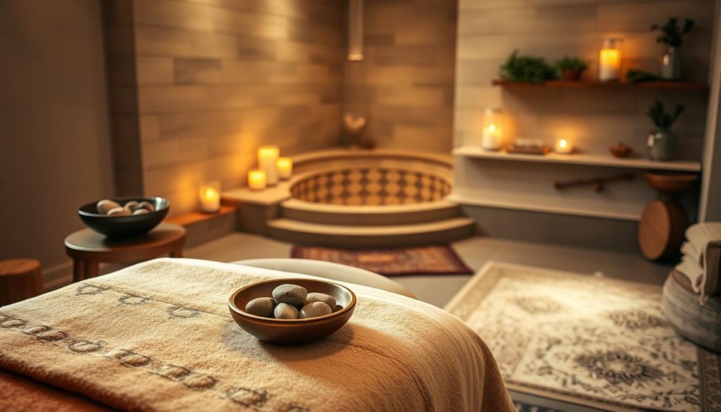 A serene and inviting spa room preparing for a Turkish massage experience. In the foreground, a neatly arranged massage table draped with soft, luxurious towels in warm earth tones. A bowl of aromatic essential oils and smooth stones sits on a nearby wooden stool, reflecting natural light. In the middle ground, plush rugs adorned with traditional Turkish patterns cover the floor, leading to a beautifully tiled area reminiscent of a hamam. The background features softly glowing lanterns casting gentle light, and a shelf filled with fresh herbs, enhancing the tranquil atmosphere. The overall mood is calm and inviting, with warm, diffused lighting creating a relaxing ambiance, perfect for a rejuvenating experience.