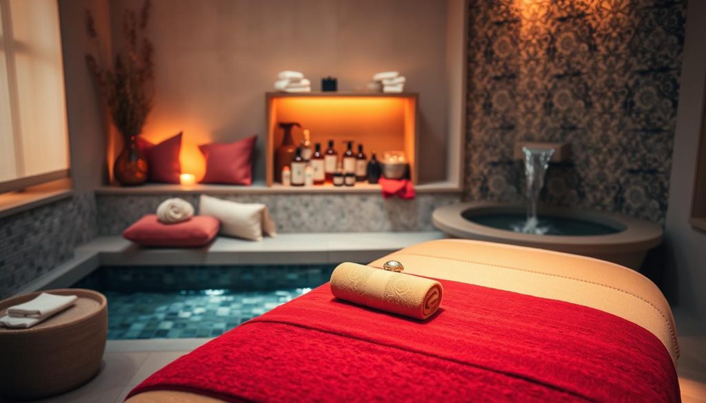 A serene and inviting spa setting showcasing traditional Turkish massage techniques. In the foreground, a beautifully arranged massage table adorned with soft, vibrant towels in rich colors such as deep red and gold. The middle ground features essential oils and natural products elegantly displayed on a wooden shelf, surrounded by plush cushions and traditional Turkish textiles. The background reveals a softly lit room with intricate mosaic patterns on the walls, warm ambient lighting casting gentle shadows. A flowing water feature adds a tranquil sound and enhances the calming atmosphere. The overall mood is one of relaxation and rejuvenation, embodying the essence of wellness and cultural heritage.