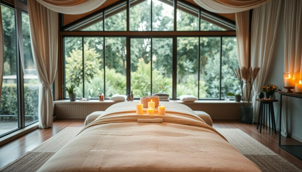 A serene and inviting wellness space designed for expert massage services. In the foreground, a beautifully arranged massage table draped with soft, calming fabrics, surrounded by aromatic candles and essential oil bottles, exuding a sense of tranquility. The middle layer features a variety of massage tools and plush cushions, emphasizing tailored treatments. In the background, large windows let in warm, natural light, revealing a lush green garden view that enhances the peaceful ambiance. Soft, diffused lighting fills the room, creating a soothing atmosphere that promotes well-being. Gently flowing fabrics and subtle earthy tones contribute to the harmonious design, capturing the essence of expert services that cater to individual wellness needs. A serene and inviting wellness space designed for expert massage services. In the foreground, a beautifully arranged massage table draped with soft, calming fabrics, surrounded by aromatic candles and essential oil bottles, exuding a sense of tranquility. The middle layer features a variety of massage tools and plush cushions, emphasizing tailored treatments. In the background, large windows let in warm, natural light, revealing a lush green garden view that enhances the peaceful ambiance. Soft, diffused lighting fills the room, creating a soothing atmosphere that promotes well-being. Gently flowing fabrics and subtle earthy tones contribute to the harmonious design, capturing the essence of expert services that cater to individual wellness needs.