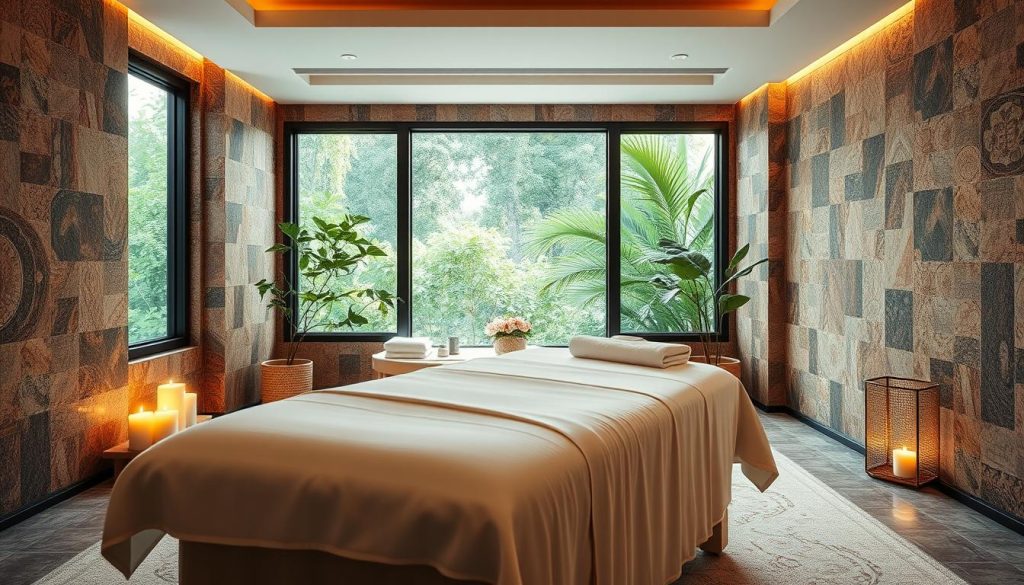 A serene and luxurious Istanbul spa interior showcasing an elegant massage room. In the foreground, a plush massage table draped with soft white linens and scented candles on the side exuding a soothing glow. The middle section features richly textured Mosaic tiled walls adorned with vibrant patterns, creating a cozy ambiance. In the background, large windows let in natural light, revealing lush greenery outside, enhancing the tranquil atmosphere. The overall mood is calm and inviting, emphasizing relaxation and well-being. Soft, warm lighting adds a gentle touch, contrasting beautifully with the cool tones of the decor. Create a peaceful oasis that conveys the essence of a memorable spa massage experience in Istanbul. A serene and luxurious Istanbul spa interior showcasing an elegant massage room. In the foreground, a plush massage table draped with soft white linens and scented candles on the side exuding a soothing glow. The middle section features richly textured Mosaic tiled walls adorned with vibrant patterns, creating a cozy ambiance. In the background, large windows let in natural light, revealing lush greenery outside, enhancing the tranquil atmosphere. The overall mood is calm and inviting, emphasizing relaxation and well-being. Soft, warm lighting adds a gentle touch, contrasting beautifully with the cool tones of the decor. Create a peaceful oasis that conveys the essence of a memorable spa massage experience in Istanbul.
