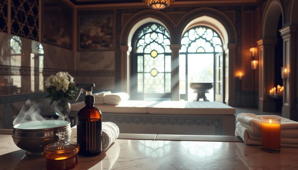 A serene and tranquil hammam scene illustrating common mistakes to avoid during a massage experience in Istanbul. In the foreground, a beautifully arranged set of traditional hammam items, including aromatic oils, soft towels, and a gently steaming bowl of water. In the middle, a plush marble bench lined with decorative tiles, reflecting soft, natural light filtering through a stained glass window, creating a calming atmosphere. In the background, a warm, inviting entrance with archways, adorned with rich patterns, and flickering candles casting soft shadows. The overall mood is peaceful and balanced, encouraging relaxation while subtly hinting at the importance of proper etiquette and awareness in the hammam space.