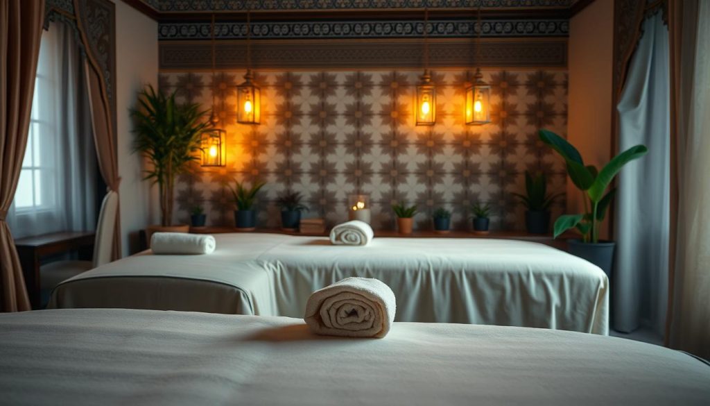 A serene and tranquil setting depicting a traditional Turkish massage room in Istanbul. In the foreground, showcase luxurious, modestly draped fabrics and soft, plush massage tables adorned with rolled towels. The middle layer features decorative elements like intricately patterned tiles and elegant lanterns casting warm, inviting light. In the background, include potted plants to create a calming atmosphere, echoing the significance of privacy and personal space in cultural etiquette. The overall mood is peaceful and respectful, highlighting the importance of maintaining dignity and comfort during the massage experience. Use soft, diffused lighting to enhance the soothing ambiance, and capture the image from a slightly elevated angle to encompass the room's inviting details. A serene and tranquil setting depicting a traditional Turkish massage room in Istanbul. In the foreground, showcase luxurious, modestly draped fabrics and soft, plush massage tables adorned with rolled towels. The middle layer features decorative elements like intricately patterned tiles and elegant lanterns casting warm, inviting light. In the background, include potted plants to create a calming atmosphere, echoing the significance of privacy and personal space in cultural etiquette. The overall mood is peaceful and respectful, highlighting the importance of maintaining dignity and comfort during the massage experience. Use soft, diffused lighting to enhance the soothing ambiance, and capture the image from a slightly elevated angle to encompass the room's inviting details.