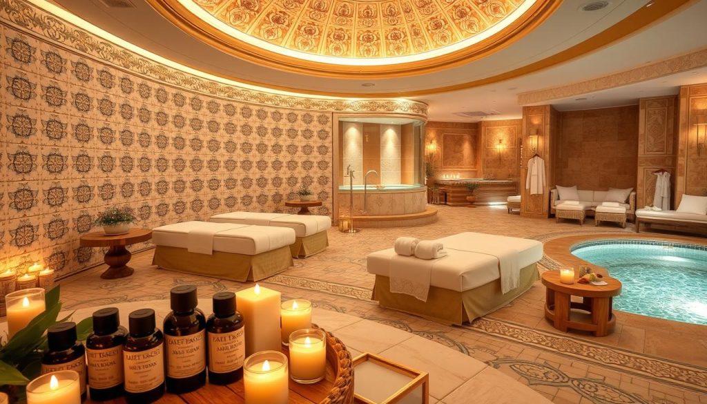 A serene hammam and spa setting, featuring intricately patterned tiles and warm, soft lighting that enhances the tranquil atmosphere. In the foreground, a beautifully arranged display of essential oils, aromatic candles, and traditional Turkish spa products like scrubs and soaps. The middle section showcases elegant treatment areas with plush, comfortable spa beds adorned with clean linens. In the background, a steam room and a tranquil relaxation area can be seen, complete with plush seating and soothing water features, all under a softly glowing dome ceiling. The overall mood is peaceful and inviting, perfect for illustrating the various pricing factors associated with spa treatments. The image captures the essence of luxury and wellness in a traditional Turkish hammam environment.
