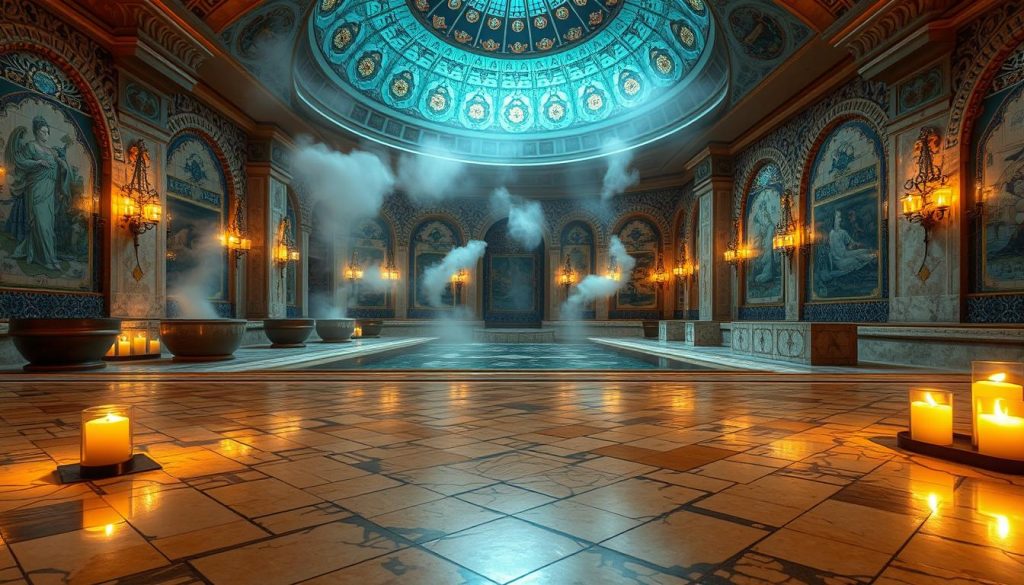 A serene hammam scene capturing the essence of an authentic Turkish bath experience. In the foreground, intricately patterned marble flooring glistens with reflections from flickering candlelight. Scents of eucalyptus and rosewater waft through the air, evoking a sense of calm. The middle ground reveals a beautifully domed ceiling adorned with stained glass, where soft, diffused light streams in, illuminating the steam rising gently from heated basins. In the background, ornate tiles in rich blues and golds frame an expansive bathing area, with elegant stone benches inviting relaxation. The atmosphere is tranquil, inviting viewers to imagine the soothing sounds of water and gentle whispers in a peaceful retreat. Use a wide-angle lens to capture depth and a soft focus to enhance the serene quality of the setting. A serene hammam scene capturing the essence of an authentic Turkish bath experience. In the foreground, intricately patterned marble flooring glistens with reflections from flickering candlelight. Scents of eucalyptus and rosewater waft through the air, evoking a sense of calm. The middle ground reveals a beautifully domed ceiling adorned with stained glass, where soft, diffused light streams in, illuminating the steam rising gently from heated basins. In the background, ornate tiles in rich blues and golds frame an expansive bathing area, with elegant stone benches inviting relaxation. The atmosphere is tranquil, inviting viewers to imagine the soothing sounds of water and gentle whispers in a peaceful retreat. Use a wide-angle lens to capture depth and a soft focus to enhance the serene quality of the setting.