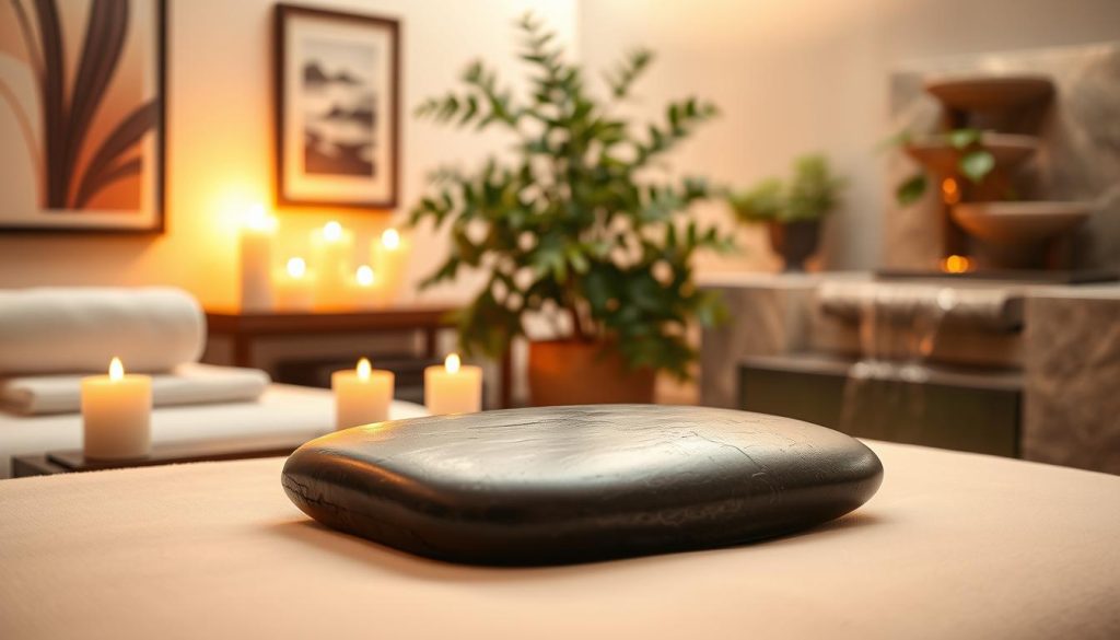 A serene hot stone massage scene set in a tranquil spa environment. In the foreground, a smooth, heated basalt stone rests on a plush massage table covered with clean white linens. Soft aromatic candles flicker gently, emitting a warm glow, while essential oils are elegantly arranged nearby. The middle ground features a lush indoor plant that adds a touch of nature, enhancing the ambiance. In the background, spa decor includes calming artwork and a softly flowing water feature, contributing to a relaxing atmosphere. The lighting is soft and warm, reminiscent of golden hour, creating an inviting and peaceful mood that reflects the tranquility and luxury of a massage experience in Istanbul. A serene hot stone massage scene set in a tranquil spa environment. In the foreground, a smooth, heated basalt stone rests on a plush massage table covered with clean white linens. Soft aromatic candles flicker gently, emitting a warm glow, while essential oils are elegantly arranged nearby. The middle ground features a lush indoor plant that adds a touch of nature, enhancing the ambiance. In the background, spa decor includes calming artwork and a softly flowing water feature, contributing to a relaxing atmosphere. The lighting is soft and warm, reminiscent of golden hour, creating an inviting and peaceful mood that reflects the tranquility and luxury of a massage experience in Istanbul.