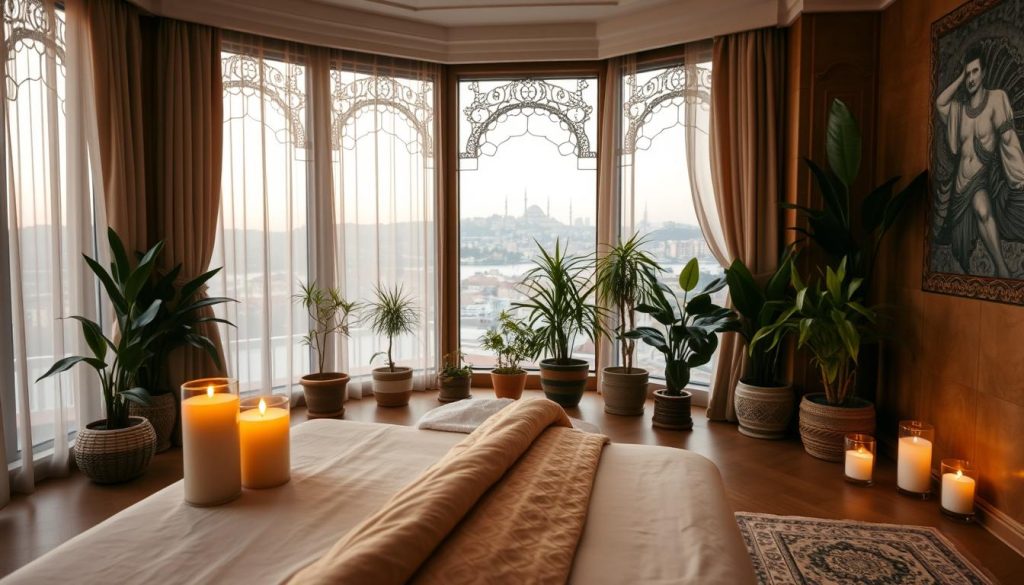 A serene indoor massage room in Istanbul, featuring elegant decor with warm, earthy tones. In the foreground, a traditional massage table is adorned with soft linens and aromatic candles casting gentle light. The middle ground reveals a beautifully arranged space with potted plants and intricate Turkish mosaic tiles on the walls. In the background, large windows show glimpses of Istanbul's iconic skyline through sheer curtains, letting in soft, natural light that enhances the tranquil atmosphere. The overall mood is peaceful and inviting, perfect for relaxation after a busy day. The composition invites viewers to immerse themselves in the local relaxation culture. A serene indoor massage room in Istanbul, featuring elegant decor with warm, earthy tones. In the foreground, a traditional massage table is adorned with soft linens and aromatic candles casting gentle light. The middle ground reveals a beautifully arranged space with potted plants and intricate Turkish mosaic tiles on the walls. In the background, large windows show glimpses of Istanbul's iconic skyline through sheer curtains, letting in soft, natural light that enhances the tranquil atmosphere. The overall mood is peaceful and inviting, perfect for relaxation after a busy day. The composition invites viewers to immerse themselves in the local relaxation culture.