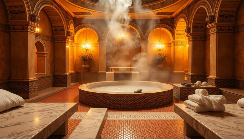 A serene interior of a traditional Turkish bath, also known as a hamam, filled with warm, golden light. In the foreground, intricately designed marble benches invite relaxation, adorned with soft, fluffy towels. In the middle ground, steam gently rises from a large basin filled with water, surrounded by rich, mosaic tiles. Subtle hints of modern massage equipment, such as essential oils and massage stones, are artfully integrated into the space, creating a blend of old and new. The background features ornate arches and calming decor, evoking a tranquil atmosphere. The scene conveys harmony and wellness, emphasizing the benefits of relaxation and rejuvenation in both traditional and modern practices. The lighting is soft and inviting, enhancing the calming mood. A serene interior of a traditional Turkish bath, also known as a hamam, filled with warm, golden light. In the foreground, intricately designed marble benches invite relaxation, adorned with soft, fluffy towels. In the middle ground, steam gently rises from a large basin filled with water, surrounded by rich, mosaic tiles. Subtle hints of modern massage equipment, such as essential oils and massage stones, are artfully integrated into the space, creating a blend of old and new. The background features ornate arches and calming decor, evoking a tranquil atmosphere. The scene conveys harmony and wellness, emphasizing the benefits of relaxation and rejuvenation in both traditional and modern practices. The lighting is soft and inviting, enhancing the calming mood.