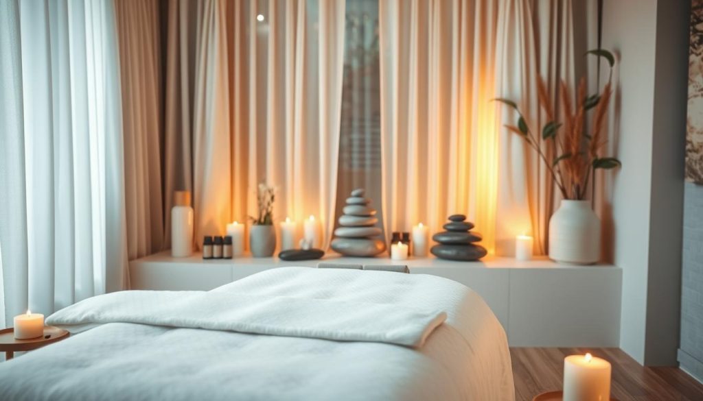 A serene massage therapy environment, featuring an elegantly arranged massage room with soft, calming colors. In the foreground, a beautifully designed massage table draped in soft linens and surrounded by essential oils and candles, creating a tranquil atmosphere. In the middle, warm light filters through sheer curtains, enhancing the soothing vibe, while relaxing elements like plants and artfully arranged stones create a sense of balance and harmony. The background showcases a peaceful setting with gentle, natural textures like bamboo or wood, emphasizing a holistic approach to wellness. The overall mood is inviting and professional, highlighting the importance of expertise in massage therapy to promote relaxation and healing. Use a soft, diffused lighting effect to fill the scene with warmth and tranquility.