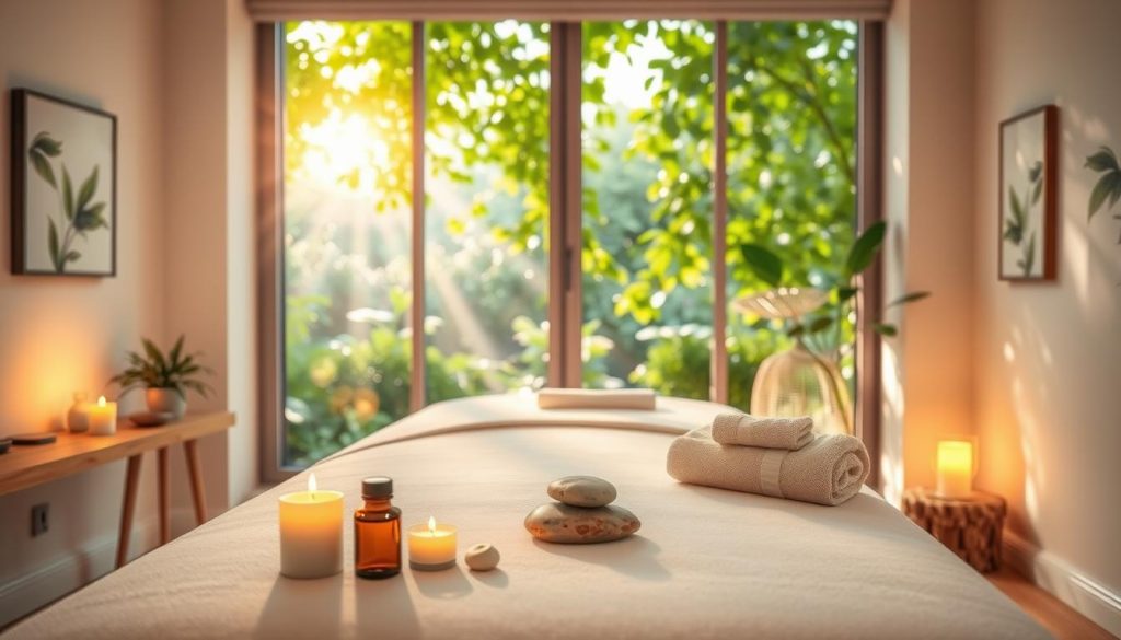 A serene massage therapy room bathed in warm, soft lighting, showcasing a massage table elegantly adorned with fresh linens and plush towels. In the foreground, a soothing arrangement of essential oils, candles, and smooth stones enhances the tranquil ambiance. In the middle, a large window reveals a lush garden, where gentle sunlight filters through green leaves, creating dappled patterns on the floor. The walls are decorated with calming artwork, evoking feelings of peace and relaxation. In the background, hints of natural element designs suggest the incorporation of nature in healing practices. The overall mood is peaceful, inviting, and rejuvenating, perfectly capturing the essence of the benefits of massage therapy.