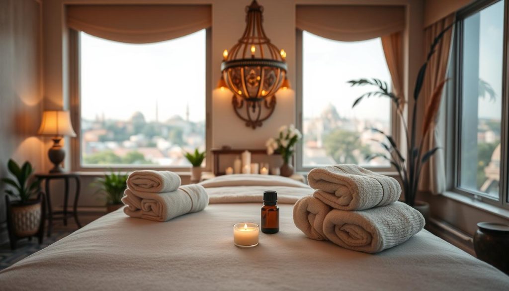 A serene massage therapy setting in Istanbul, showcasing a beautifully arranged massage room. In the foreground, there's a plush massage table adorned with soft, aromatic towels and essential oils. The middle ground features an elegant decor with soft lighting from ornate lamps casting a warm glow, complementing the calming atmosphere. In the background, large windows reveal a glimpse of Istanbul's iconic skyline and lush, green trees, enhancing the tranquil setting. The room is decorated with traditional Turkish tiles and subtle plant life, creating an inviting ambiance. The overall mood is peaceful and rejuvenating, perfect for weekend relaxation and self-care. A serene massage therapy setting in Istanbul, showcasing a beautifully arranged massage room. In the foreground, there's a plush massage table adorned with soft, aromatic towels and essential oils. The middle ground features an elegant decor with soft lighting from ornate lamps casting a warm glow, complementing the calming atmosphere. In the background, large windows reveal a glimpse of Istanbul's iconic skyline and lush, green trees, enhancing the tranquil setting. The room is decorated with traditional Turkish tiles and subtle plant life, creating an inviting ambiance. The overall mood is peaceful and rejuvenating, perfect for weekend relaxation and self-care.