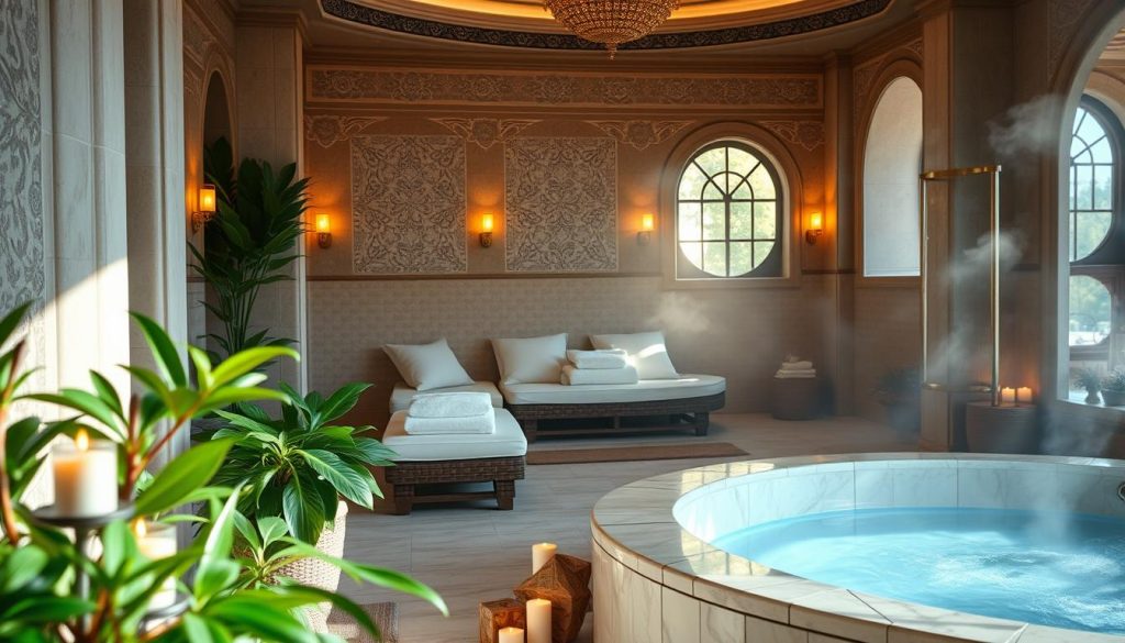 A serene setting for a complete day of relaxation, featuring a tranquil spa scene in a luxurious Turkish hammam. In the foreground, lush greenery includes potted plants and scented candles, creating an inviting atmosphere. The middle captures the elegant interior of the hammam with intricately tiled walls, soft ambient lighting, and plush seating areas adorned with fluffy cushions and towels. In the background, steam gently rises, and a beautifully designed marble bath filled with essential oils beckons. Soft sunlight filters through arched windows, casting gentle shadows and creating a warm, soothing ambiance. The overall mood conveys peace and rejuvenation, reflecting the essence of self-care and relaxation. The composition is balanced and harmonious, inviting viewers into a world of tranquility and pampering. A serene setting for a complete day of relaxation, featuring a tranquil spa scene in a luxurious Turkish hammam. In the foreground, lush greenery includes potted plants and scented candles, creating an inviting atmosphere. The middle captures the elegant interior of the hammam with intricately tiled walls, soft ambient lighting, and plush seating areas adorned with fluffy cushions and towels. In the background, steam gently rises, and a beautifully designed marble bath filled with essential oils beckons. Soft sunlight filters through arched windows, casting gentle shadows and creating a warm, soothing ambiance. The overall mood conveys peace and rejuvenation, reflecting the essence of self-care and relaxation. The composition is balanced and harmonious, inviting viewers into a world of tranquility and pampering.