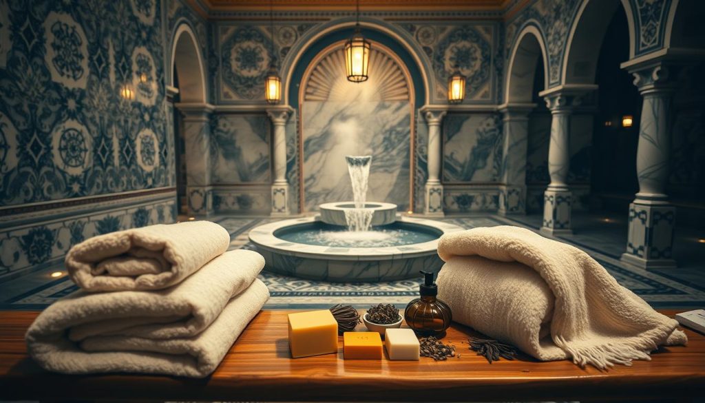 A serene setting for preparing for a traditional Turkish bath, featuring a beautifully tiled hamam interior. In the foreground, a wooden bench adorned with soft, plush towels, and an array of natural bath products like olive oil soap and dried herbs. The middle ground showcases a steam-filled room with intricately patterned marble walls and a central stone basin, where water is gently cascading. The background highlights ornate arches and dimly lit lanterns casting a warm golden glow, creating a calming and inviting atmosphere. The overall mood is tranquil and rejuvenating, evoking the essence of relaxation and self-care, perfect for unwinding before a luxurious bath experience. The focus should be on the beauty and details of the bath environment, without any people present.