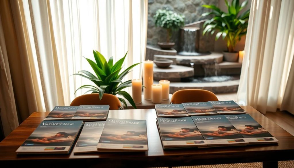 A serene spa interior showcasing a beautifully arranged massage consultation area. In the foreground, a polished wooden table displays an array of neatly organized massage package brochures featuring calming images of tranquil spa settings. Soft, diffused natural light filters through sheer curtains, casting gentle shadows and creating a warm ambiance. In the middle, lush green plants add a touch of nature, while elegant candles emit a soft glow, enhancing the relaxing atmosphere. The background reveals a soothing water feature gently cascading, contributing to the peaceful soundscape. The overall mood is inviting and tranquil, evoking a sense of rejuvenation and wellness, perfect for illustrating the careful selection of a massage package.