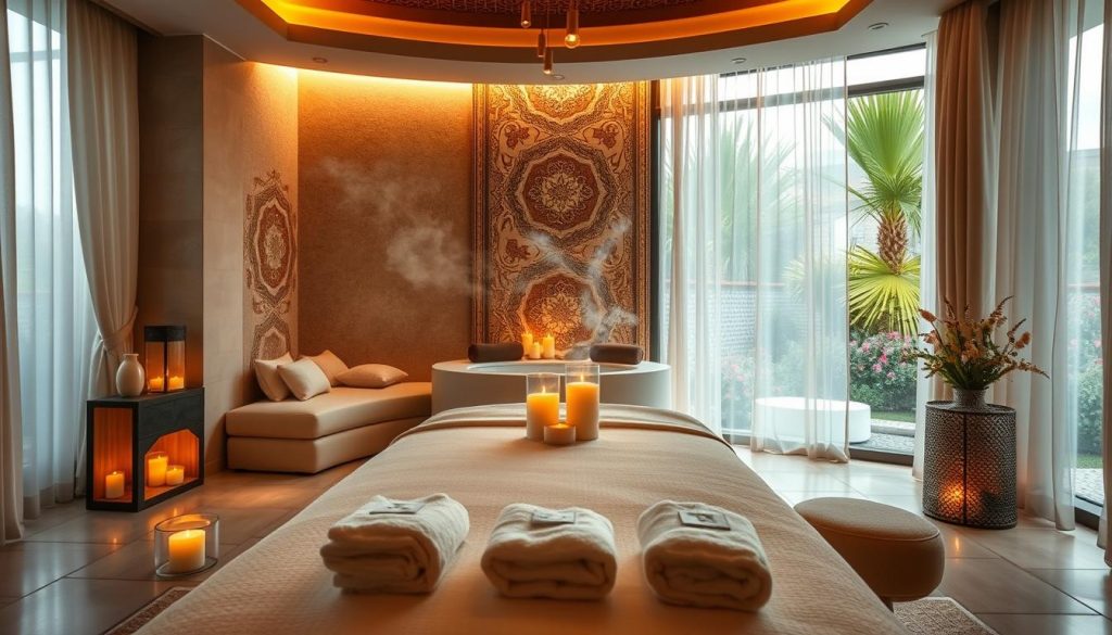 A serene spa setting in Istanbul, showcasing a beautifully designed interior with plush furnishings, soft ambient lighting, and calming color palettes of earthy tones. In the foreground, a luxurious massage table is adorned with soft towels and aromatic candles, exuding a sense of relaxation. In the middle, intricate mosaics on the walls reflect traditional Turkish artistry, while gentle steam rises in the air, hinting at a soothing environment. The background features large windows draped with sheer curtains, revealing a glimpse of a lush garden with palm trees and blooming flowers. The overall mood is tranquil and inviting, encapsulating the essence of a personalized spa journey, highlighting the ideal location for a relaxing massage experience in Istanbul. A serene spa setting in Istanbul, showcasing a beautifully designed interior with plush furnishings, soft ambient lighting, and calming color palettes of earthy tones. In the foreground, a luxurious massage table is adorned with soft towels and aromatic candles, exuding a sense of relaxation. In the middle, intricate mosaics on the walls reflect traditional Turkish artistry, while gentle steam rises in the air, hinting at a soothing environment. The background features large windows draped with sheer curtains, revealing a glimpse of a lush garden with palm trees and blooming flowers. The overall mood is tranquil and inviting, encapsulating the essence of a personalized spa journey, highlighting the ideal location for a relaxing massage experience in Istanbul.