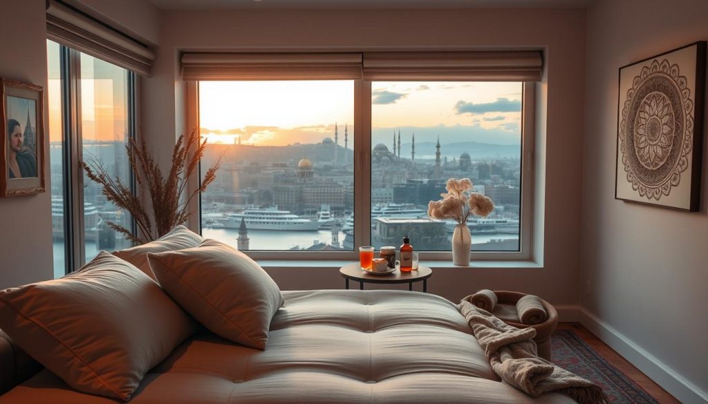 A serene therapy space in Istanbul, showcasing a tranquil setting. In the foreground, a plush therapy couch adorned with soft pillows and a cozy blanket invites relaxation. The middle ground features a small side table with herbal teas and calming essential oils, creating a warm atmosphere. In the background, large windows reveal a stunning view of Istanbul’s iconic skyline at sunset, casting a gentle golden light throughout the room. The walls are decorated with calming artwork inspired by traditional Turkish motifs, enhancing the sense of peace. The lighting is soft and warm, creating a cozy and inviting ambiance. The overall mood is serene and introspective, perfect for a therapeutic experience. A serene therapy space in Istanbul, showcasing a tranquil setting. In the foreground, a plush therapy couch adorned with soft pillows and a cozy blanket invites relaxation. The middle ground features a small side table with herbal teas and calming essential oils, creating a warm atmosphere. In the background, large windows reveal a stunning view of Istanbul’s iconic skyline at sunset, casting a gentle golden light throughout the room. The walls are decorated with calming artwork inspired by traditional Turkish motifs, enhancing the sense of peace. The lighting is soft and warm, creating a cozy and inviting ambiance. The overall mood is serene and introspective, perfect for a therapeutic experience.