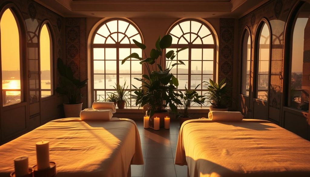 A serene wellness experience in Istanbul, showcasing a luxurious spa interior. In the foreground, a beautifully arranged treatment room with plush massage tables draped in soft, white linens, surrounded by calming aromatic candles. The middle features lush indoor plants and intricate, traditional Turkish tiles that adorn the walls. The background reveals a scenic view of the Bosphorus through large, arched windows, bathed in warm, golden-hour light that creates a tranquil atmosphere. Soft reflections play on the surfaces, enhancing the peaceful vibe. The setting exudes a sense of relaxation and rejuvenation, inviting the viewer to envision a perfect moment of indulgence and self-care in a prominent Istanbul spa. A serene wellness experience in Istanbul, showcasing a luxurious spa interior. In the foreground, a beautifully arranged treatment room with plush massage tables draped in soft, white linens, surrounded by calming aromatic candles. The middle features lush indoor plants and intricate, traditional Turkish tiles that adorn the walls. The background reveals a scenic view of the Bosphorus through large, arched windows, bathed in warm, golden-hour light that creates a tranquil atmosphere. Soft reflections play on the surfaces, enhancing the peaceful vibe. The setting exudes a sense of relaxation and rejuvenation, inviting the viewer to envision a perfect moment of indulgence and self-care in a prominent Istanbul spa.