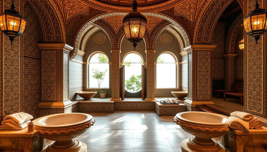 A stunning interior of a traditional Turkish hammam and spa in Istanbul, showcasing intricate tile work and grand arches. In the foreground, carved marble basins surrounded by luxurious textiles, soft towels, and aromatic oils. The middle ground features warm, ambient lighting casting shadows that enhance the ornate mosaics and decorative lanterns hanging from the ceiling. The background reveals a serene steam room with frosted glass and elegant wooden benches, surrounded by lush greenery peeking through arched windows. The atmosphere is tranquil and inviting, embodying relaxation and rejuvenation, with soft, diffused light highlighting the textures and colors of the space. A stunning interior of a traditional Turkish hammam and spa in Istanbul, showcasing intricate tile work and grand arches. In the foreground, carved marble basins surrounded by luxurious textiles, soft towels, and aromatic oils. The middle ground features warm, ambient lighting casting shadows that enhance the ornate mosaics and decorative lanterns hanging from the ceiling. The background reveals a serene steam room with frosted glass and elegant wooden benches, surrounded by lush greenery peeking through arched windows. The atmosphere is tranquil and inviting, embodying relaxation and rejuvenation, with soft, diffused light highlighting the textures and colors of the space.