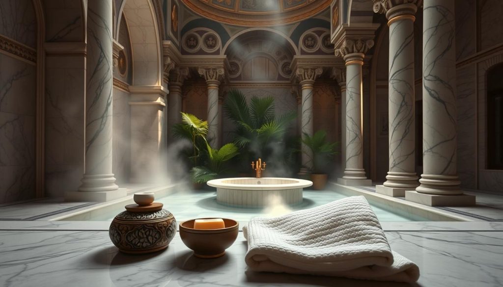 A traditional Turkish bath scene, featuring an intricate marble interior with ornate tilework, soft diffused light casting gentle shadows. In the foreground, a beautifully arranged set of traditional bath accessories, including a decorative bowl, soap, and a plush cotton towel. In the middle, a steam-filled room with a classic marble hamam basin, surrounded by lush greenery and golden accents, creating a serene atmosphere. The background showcases towering columns and beautifully carved arches, bathed in soothing, warm light that enhances the tranquil mood. Soft textures convey relaxation, inviting the viewer to imagine the calming ambiance of a genuine Turkish bath experience. Ensure no humans are present in the image. A traditional Turkish bath scene, featuring an intricate marble interior with ornate tilework, soft diffused light casting gentle shadows. In the foreground, a beautifully arranged set of traditional bath accessories, including a decorative bowl, soap, and a plush cotton towel. In the middle, a steam-filled room with a classic marble hamam basin, surrounded by lush greenery and golden accents, creating a serene atmosphere. The background showcases towering columns and beautifully carved arches, bathed in soothing, warm light that enhances the tranquil mood. Soft textures convey relaxation, inviting the viewer to imagine the calming ambiance of a genuine Turkish bath experience. Ensure no humans are present in the image.
