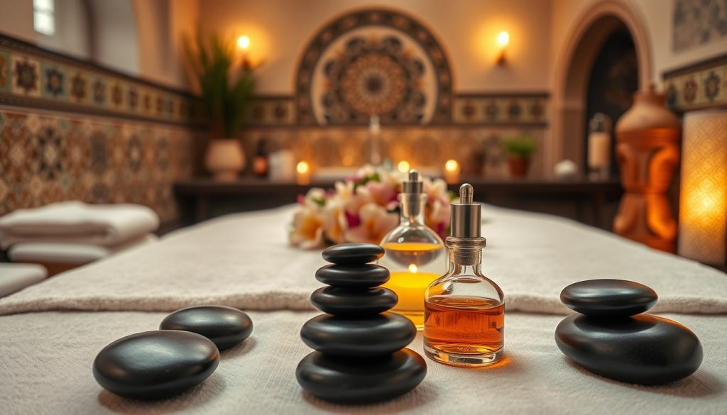A tranquil Istanbul massage setting showcasing unique techniques. Foreground: a beautifully arranged massage table with smooth hot stones and aromatic oils in elegant glass containers. Middle: soft, inviting textures, such as plush towels and a delicate arrangement of colorful spa flowers. Background: an ambient spa room with warm lighting, featuring traditional Turkish decor, like intricate mosaic tiles and woven textiles. Use a warm color palette to enhance the soothing atmosphere. The scene should convey relaxation and tranquility, capturing the essence of aromatherapy and the calming effects of hot stone massage, perfect for unwinding after work. Use a soft focus lens effect to add an ethereal quality to the image. A tranquil Istanbul massage setting showcasing unique techniques. Foreground: a beautifully arranged massage table with smooth hot stones and aromatic oils in elegant glass containers. Middle: soft, inviting textures, such as plush towels and a delicate arrangement of colorful spa flowers. Background: an ambient spa room with warm lighting, featuring traditional Turkish decor, like intricate mosaic tiles and woven textiles. Use a warm color palette to enhance the soothing atmosphere. The scene should convey relaxation and tranquility, capturing the essence of aromatherapy and the calming effects of hot stone massage, perfect for unwinding after work. Use a soft focus lens effect to add an ethereal quality to the image.