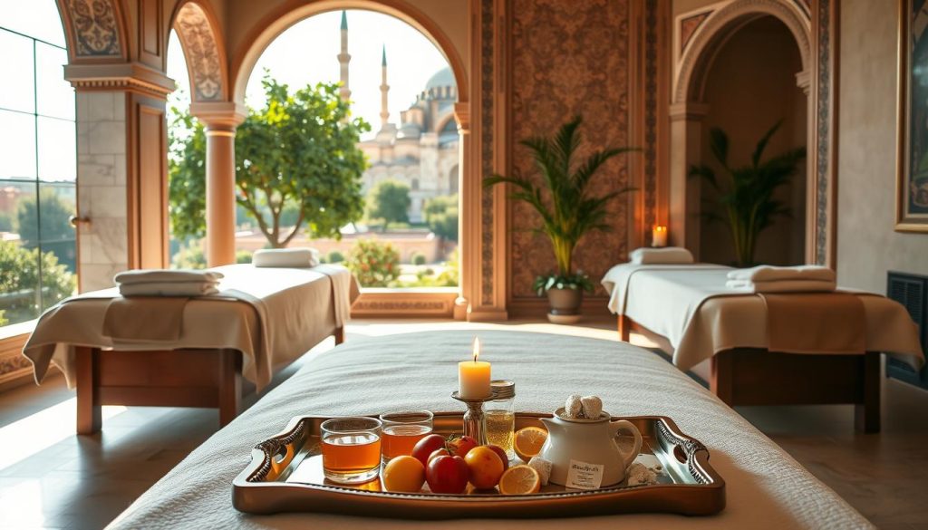 A tranquil Istanbul spa setting featuring luxurious massage tables adorned with plush towels and aromatic candles. In the foreground, a beautifully arranged tray holds herbal teas and colorful fresh fruits. The middle ground showcases elegant arches and traditional Turkish decor with intricate mosaic patterns, creating a serene atmosphere. In the background, glimpses of the iconic Hagia Sophia and lush greenery through large windows bathe the scene in warm, golden daylight. Soft shadows enhance the feeling of peace, while subtle scents of essential oils linger. The mood is calm and inviting, perfect for relaxation and rejuvenation, encouraging travelers to unwind in the heart of Istanbul's spa culture.