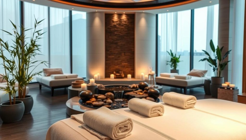 A tranquil modern spa interior in Istanbul, featuring luxurious treatment rooms with soft lighting and plush furnishings. In the foreground, a massage table is elegantly set with fresh towels and aromatic oils. The middle ground showcases peaceful decor with bamboo plants, a flowing water feature, and elegant candles casting a warm glow. Natural light filters in through large windows, enhancing the serene atmosphere. In the background, the design includes hints of traditional Turkish architecture blended with contemporary elements. The overall mood is calming and inviting, perfect for wellness and relaxation. No people are present, allowing the focus to remain on the serene environment. A tranquil modern spa interior in Istanbul, featuring luxurious treatment rooms with soft lighting and plush furnishings. In the foreground, a massage table is elegantly set with fresh towels and aromatic oils. The middle ground showcases peaceful decor with bamboo plants, a flowing water feature, and elegant candles casting a warm glow. Natural light filters in through large windows, enhancing the serene atmosphere. In the background, the design includes hints of traditional Turkish architecture blended with contemporary elements. The overall mood is calming and inviting, perfect for wellness and relaxation. No people are present, allowing the focus to remain on the serene environment.