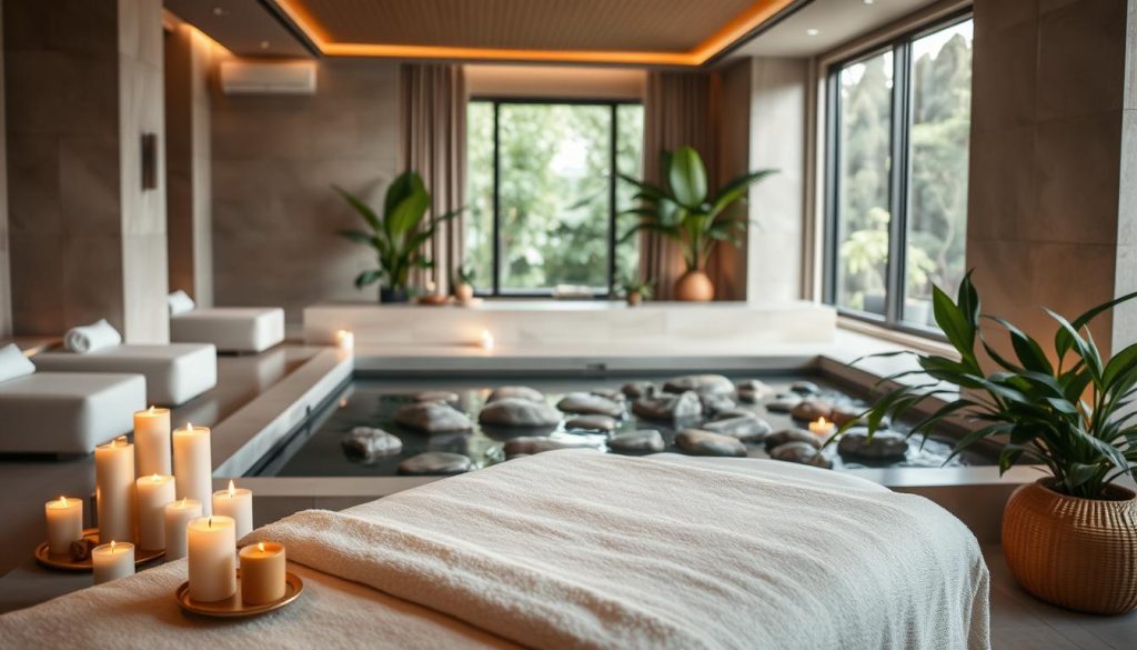 A tranquil modern spa setting in Istanbul featuring luxurious treatment rooms adorned with soft, earthy tones. In the foreground, a plush massage table is surrounded by aromatic candles and essential oils, creating an inviting atmosphere. The middle ground showcases an elegant water feature with smooth river stones and minimalist decor, accentuated by lush green plants that enhance the wellness vibe. The background reveals large windows with natural light streaming in, illuminating the serene space. Soft, ambient lighting creates a calming mood conducive to relaxation and rejuvenation. The overall composition conveys peace and sophistication, encapsulating the essence of modern spa treatments in Istanbul without any human presence or text distractions.