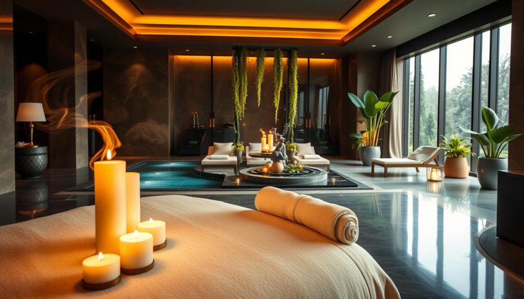 A luxurious VIP SPA facility designed for ultimate relaxation and comfort. In the foreground, a serene massage bed adorned with soft, plush towels and aromatic candles emitting gentle wisps of scented steam. In the middle ground, a beautifully decorated relaxation area with elegant chaise lounges, soothing water features, and vibrant plants cascading over zen-inspired decor. The background showcases large windows allowing warm, golden light to filter in, creating an inviting ambiance. Soft, diffused lighting accentuates the tranquility of the space, reflecting off polished marble surfaces. The overall mood is peaceful and calming, inviting guests to unwind and indulge in a high-end spa experience, emphasizing exclusivity and comfort without any people present. A luxurious VIP SPA facility designed for ultimate relaxation and comfort. In the foreground, a serene massage bed adorned with soft, plush towels and aromatic candles emitting gentle wisps of scented steam. In the middle ground, a beautifully decorated relaxation area with elegant chaise lounges, soothing water features, and vibrant plants cascading over zen-inspired decor. The background showcases large windows allowing warm, golden light to filter in, creating an inviting ambiance. Soft, diffused lighting accentuates the tranquility of the space, reflecting off polished marble surfaces. The overall mood is peaceful and calming, inviting guests to unwind and indulge in a high-end spa experience, emphasizing exclusivity and comfort without any people present.